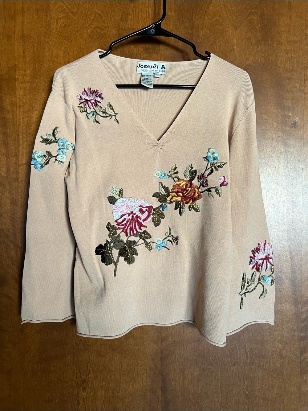 Joseph Beige Embroidered Floral V-Neck Long Sleeve Top